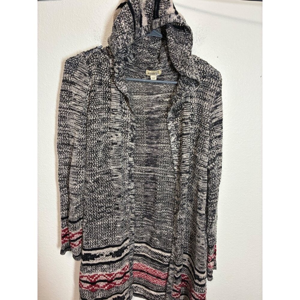 One World  Hoodie Cardigan Sweater Aztec Tribal Casual Open Knit Gray Sz Medium